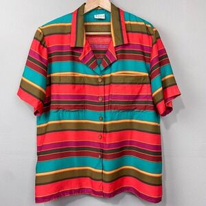 Vintage Russ Blouse Size L Striped Button Front Collared Bold Retro Southwestern